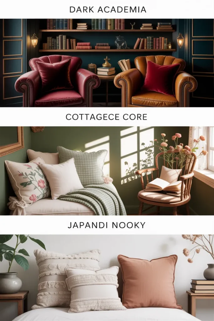 Reading nook cushion styles compared across dark academia cottagecore and Japandi aesthetics