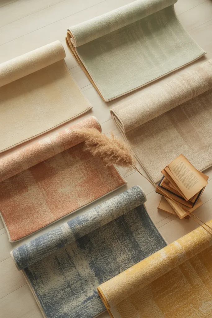 Reading nook rug color palette flat lay in cream sage terracotta navy and muted gold tones