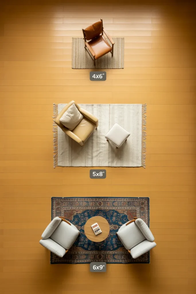  Reading nook rug size chart showing small, medium, and large rug layouts under different chairs and ottomans
