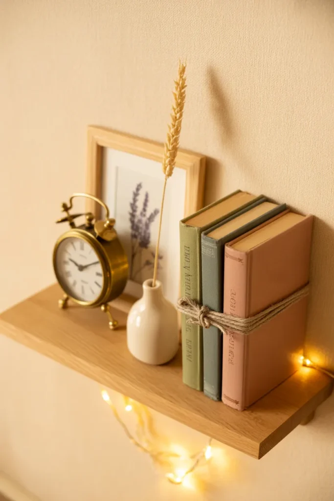 Reading nook wall accent details with fairy lights vintage clock and pressed botanical frame
