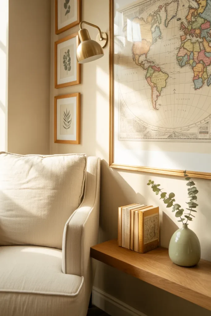 Reading nook wall decor in a living room corner with vintage map and oak picture ledge