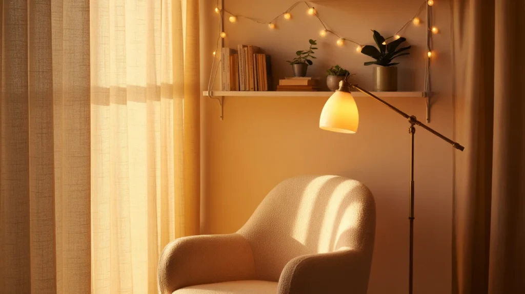 Reading nook with golden hour lighting, brass floor lamp, sheer curtains, and string lights on a shelf