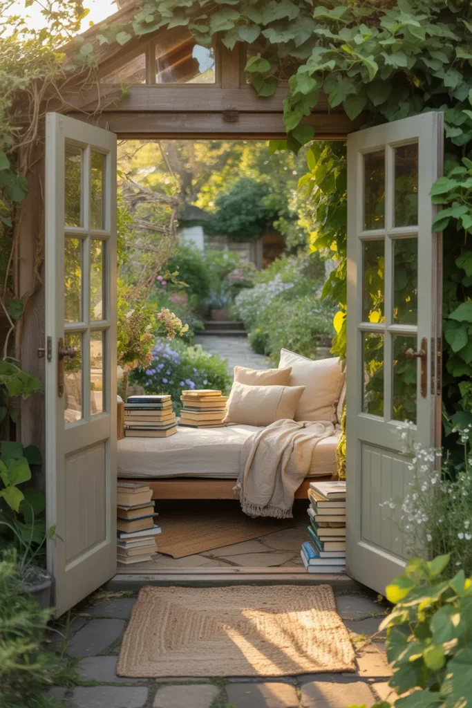 Reading shed with open French doors and daybed extending into garden