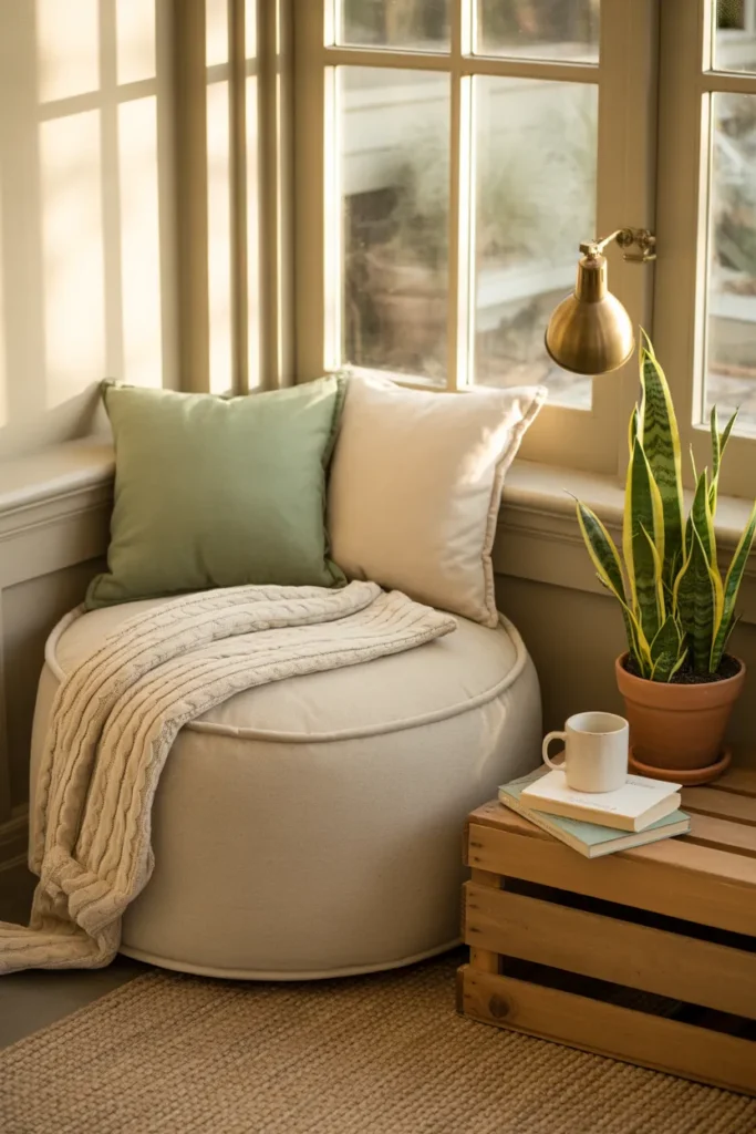Rental-friendly floor cushion sunroom reading nook with jute rug and snake plant.