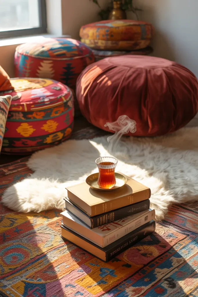 Rental-friendly maximalist reading nook with layered kilim floor cushions and vintage rug