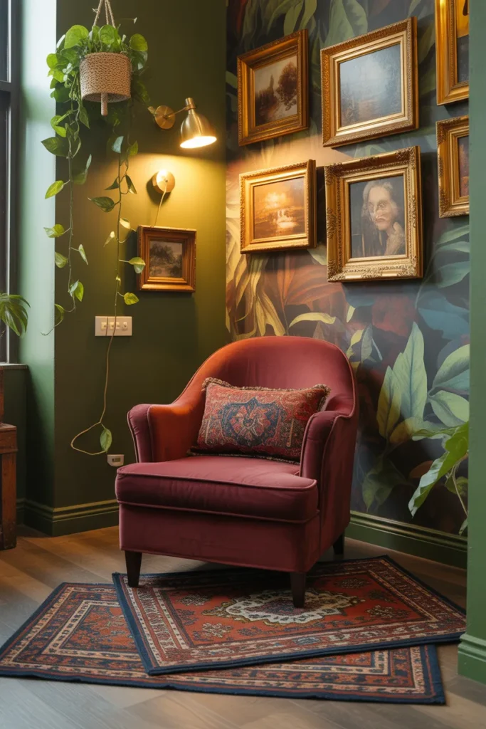 Rental-friendly maximalist reading nook with peel-and-stick wallpaper and Command-strip gallery wall