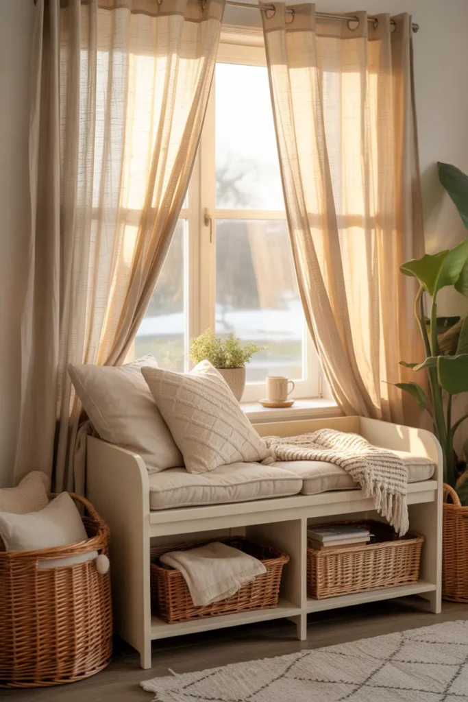 Renter friendly window seat reading nook with no drilling using a storage bench and tension rod curtains.