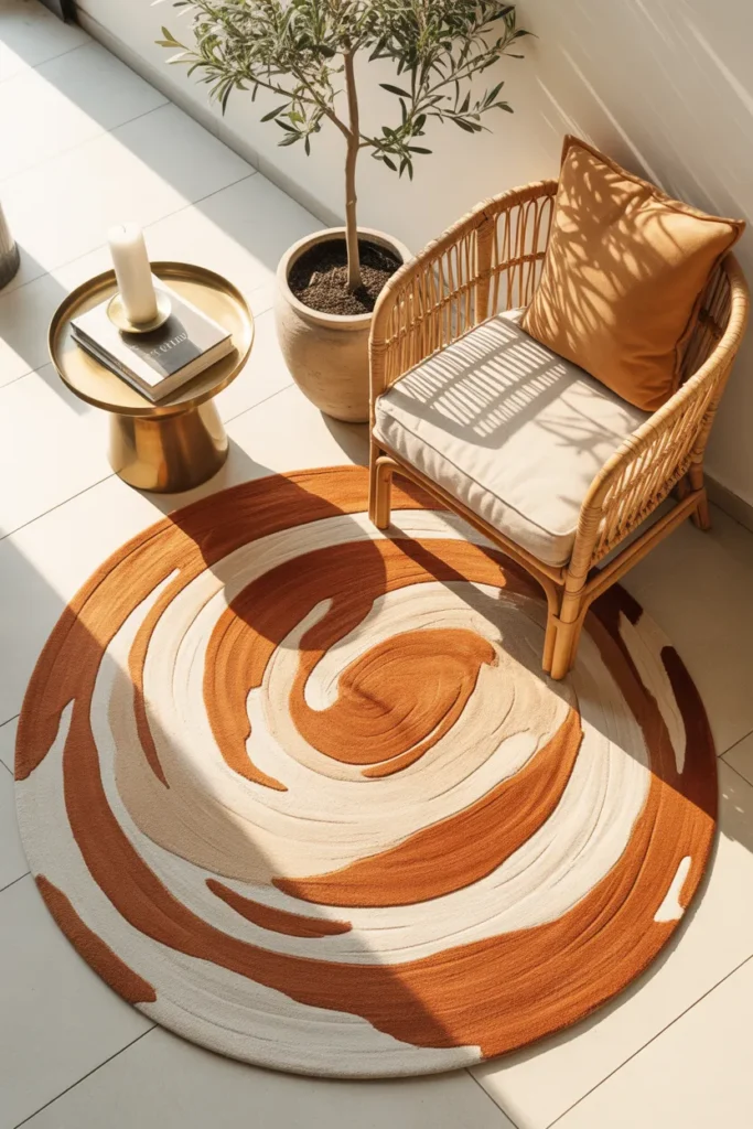 Round rust and ivory reading nook rug in a corner with a rattan chair and olive tree