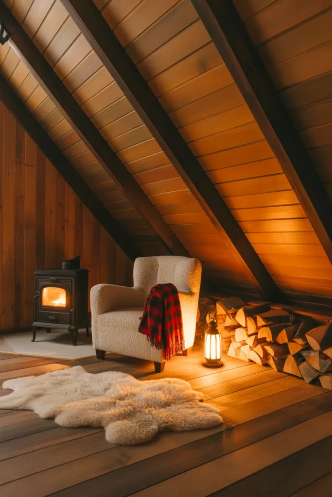 Rustic cabin attic reading nook with exposed beams, plaid throw and wood stove