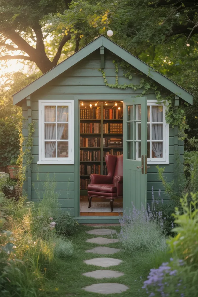 Sage-green garden library shed with bookshelves and armchair — reading shed ideas for the backyard.