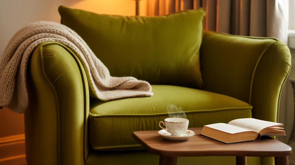 Sage green velvet armchair in a cozy reading corner with a knit throw, tea, and an open book