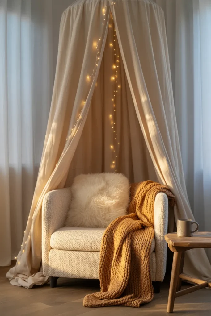Scandinavian bedroom reading nook with white linen canopy and fairy lights