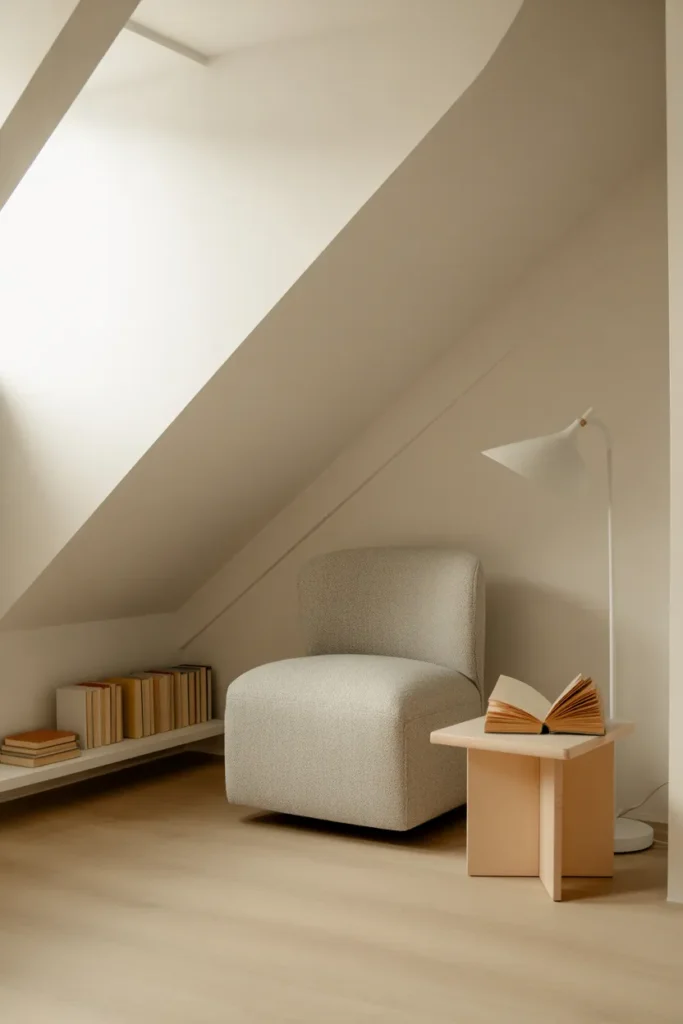 Scandinavian minimalist attic reading nook with white slanted ceiling and boucle chair