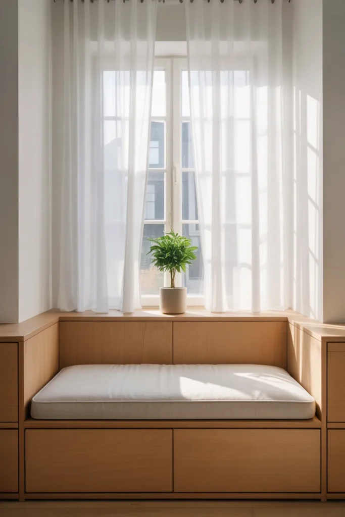 Scandinavian minimalist reading nook window seat with white linen cushion and pale oak frame