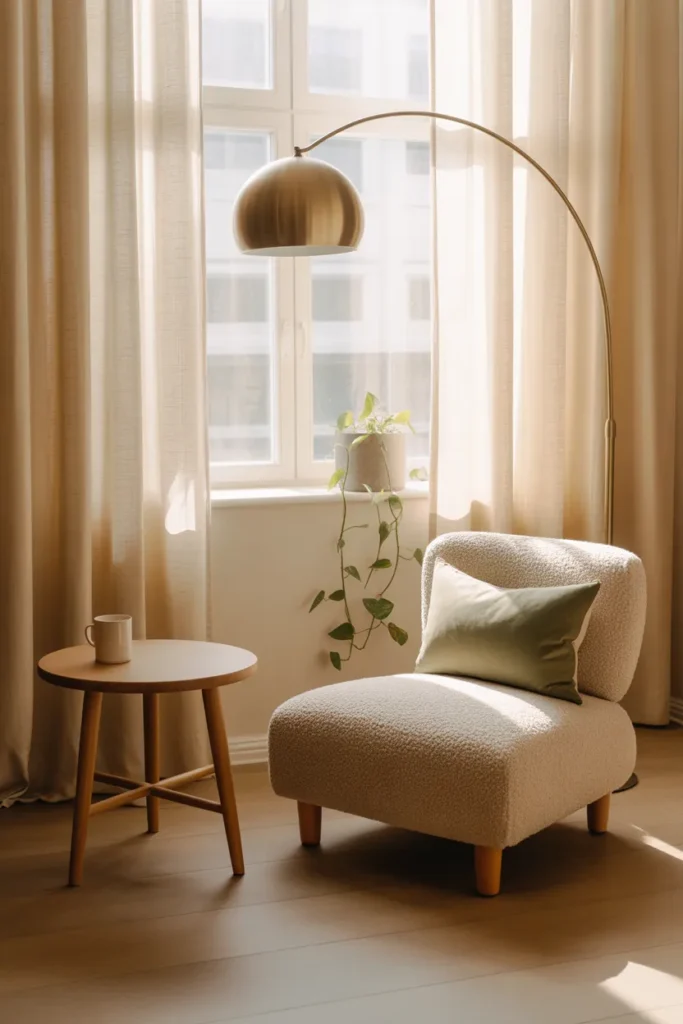 Scandinavian reading nook with cream linen curtains, oat boucle chair, and arched floor lamp in a sunlit corner