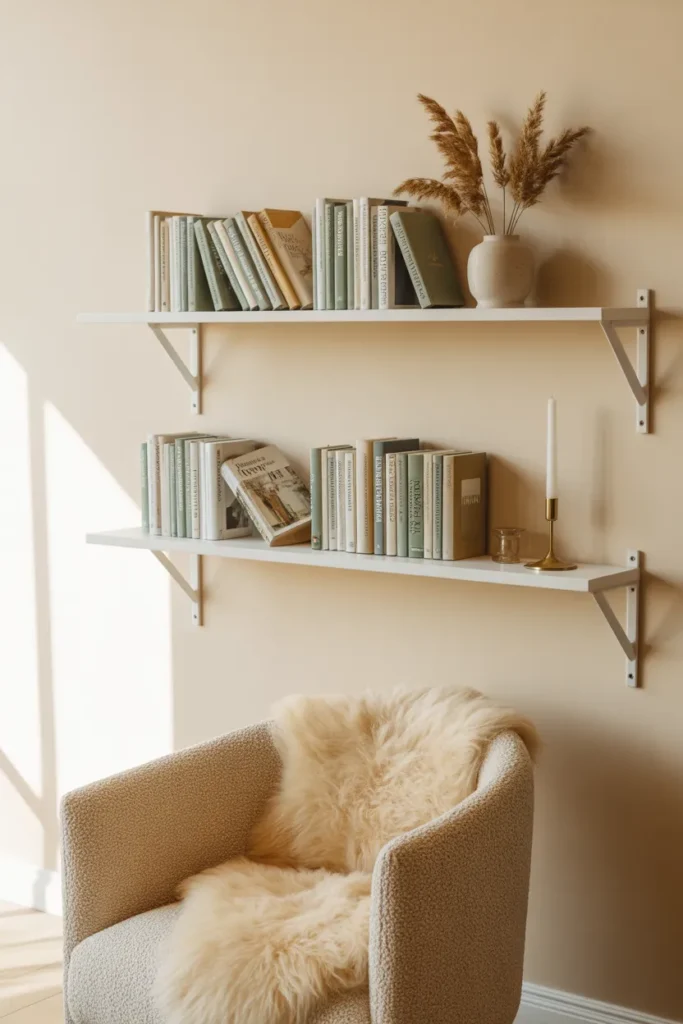 Scandinavian reading nook with picture ledge book display above a boucle armchair