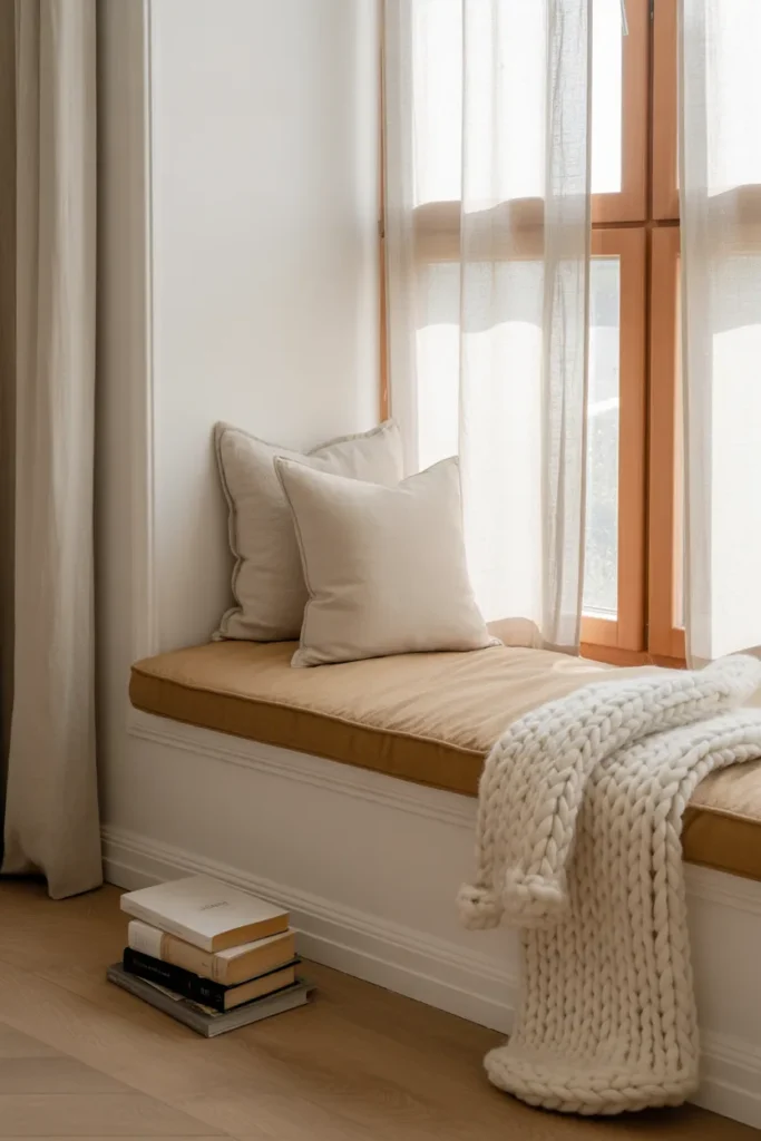 Scandinavian window seat reading nook with linen cushion and chunky knit throw