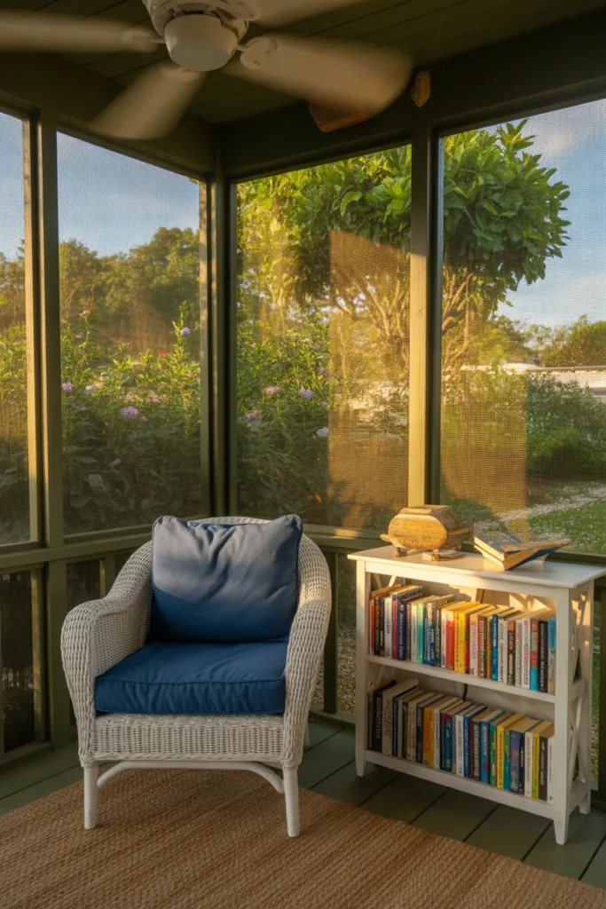 Screened porch reading nook with wicker chair, bookshelf, and garden view — screened porch reading corner.