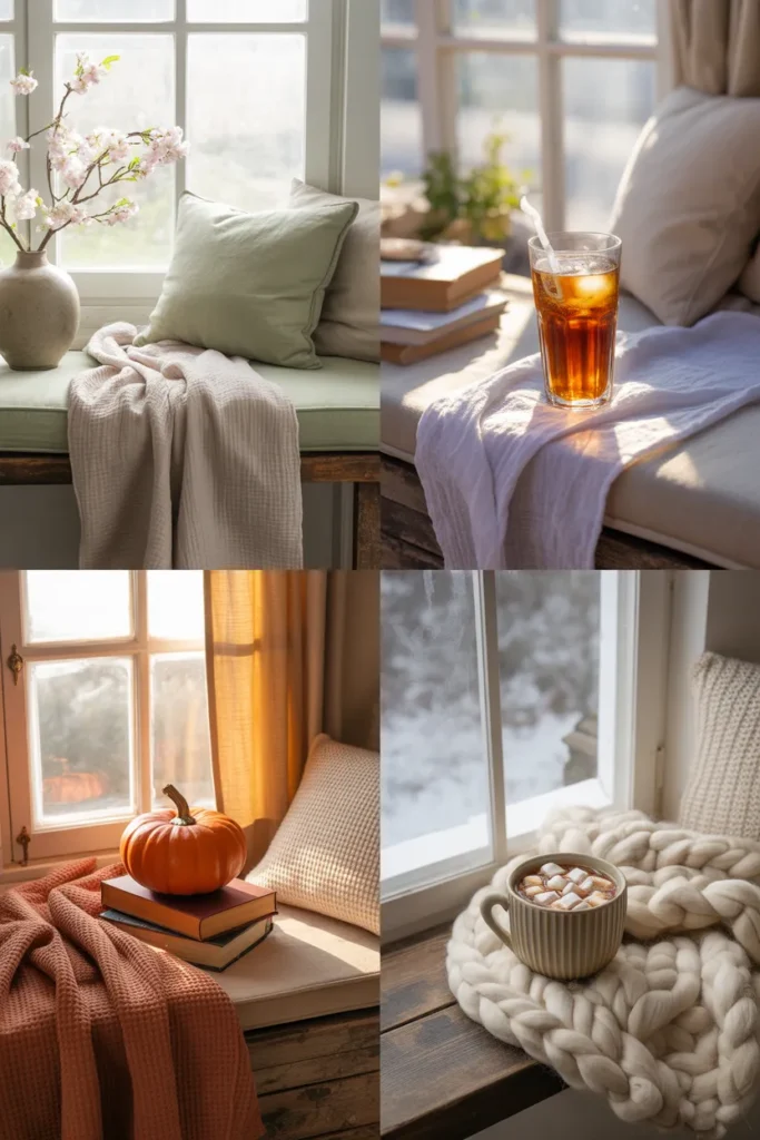 Seasonal reading nook throw blanket swaps spring linen summer muslin autumn waffle winter chunky knit.