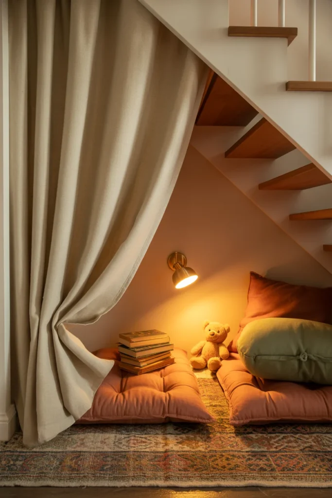 Secret under stairs reading hideaway with linen curtain, floor cushions, and warm reading lamp