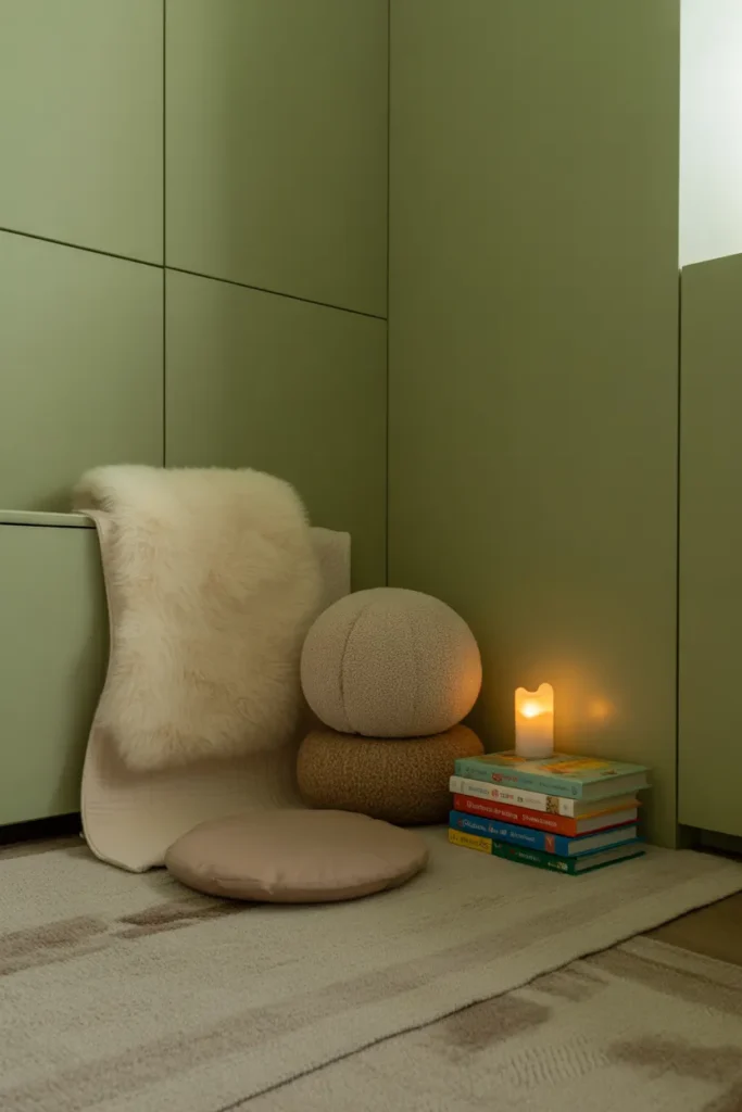 Sensory calming reading corner with sheepskin, lap pad, and emotion-focused books