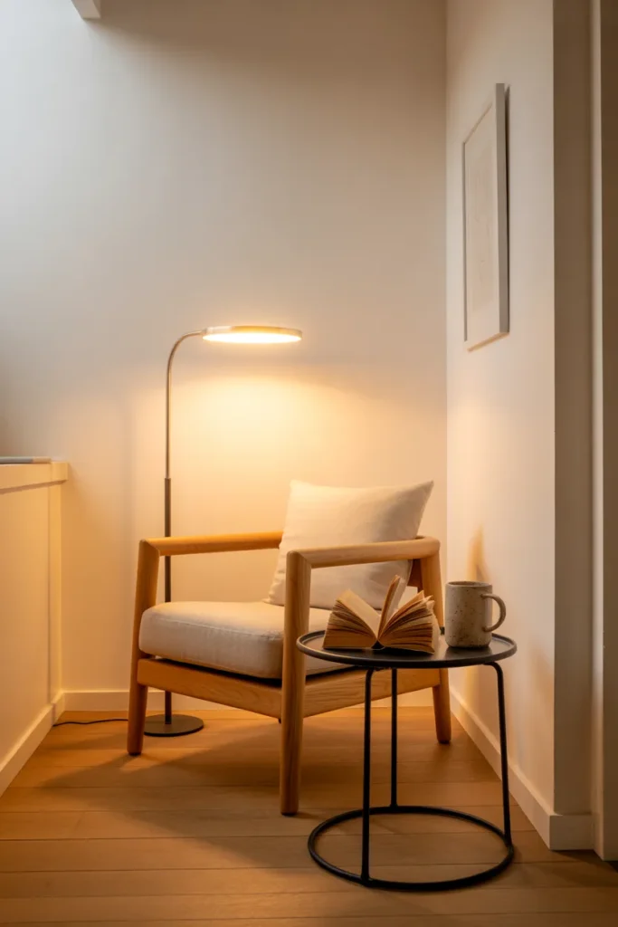 Small Scandinavian reading nook in a narrow hallway dead-end with armchair and arched lamp