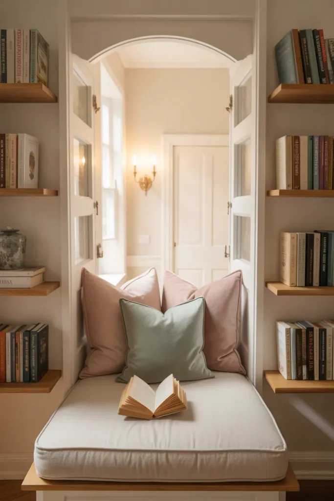 Small closet converted into cozy reading nook with built in bench, floating bookshelves and brass wall sconce