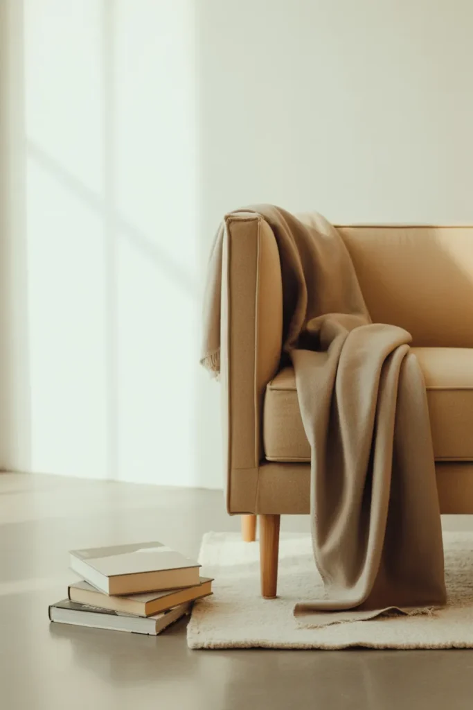 Small cream reading nook rug sized correctly under the front legs of a reading armchair