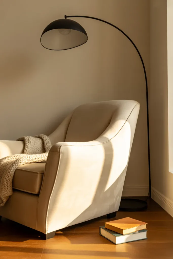 Small home office reading nook idea with corner armchair and arc floor lamp