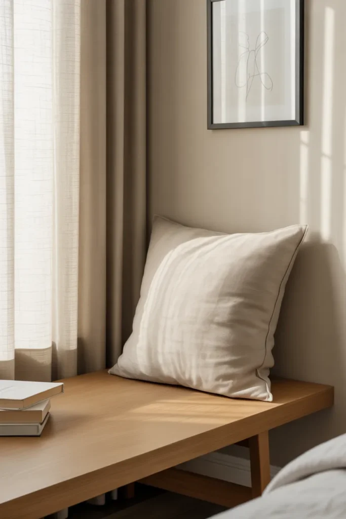 Small minimalist reading nook in bedroom with oak bench and linen cushion