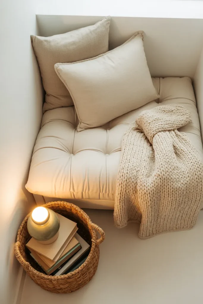 Small office reading corner with floor cushion and woven basket for books