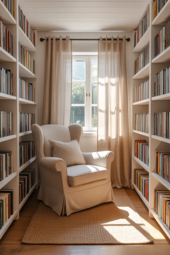 Small reading shed interior with cream armchair, white bookshelves, and linen curtains