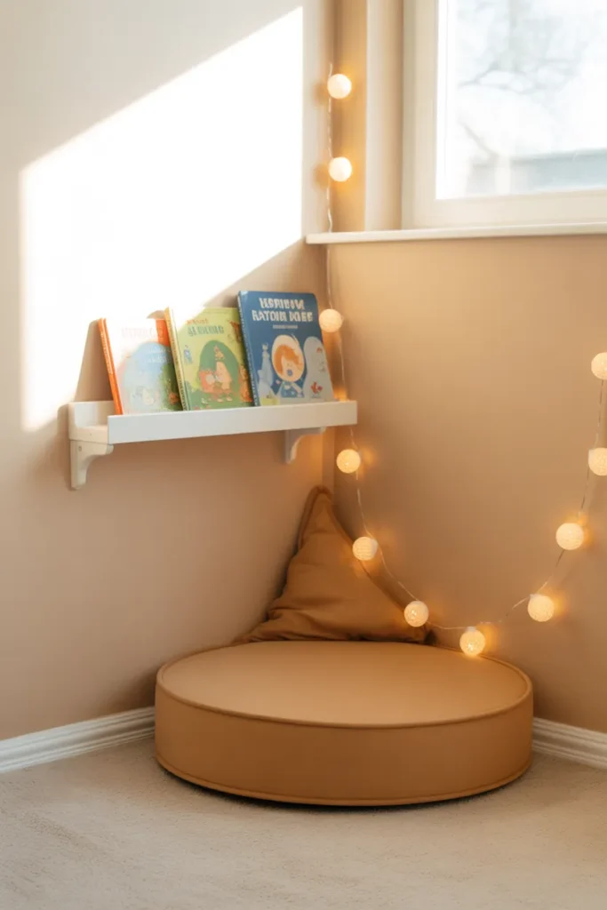 Small space toddler reading corner with picture ledge and oatmeal floor cushion