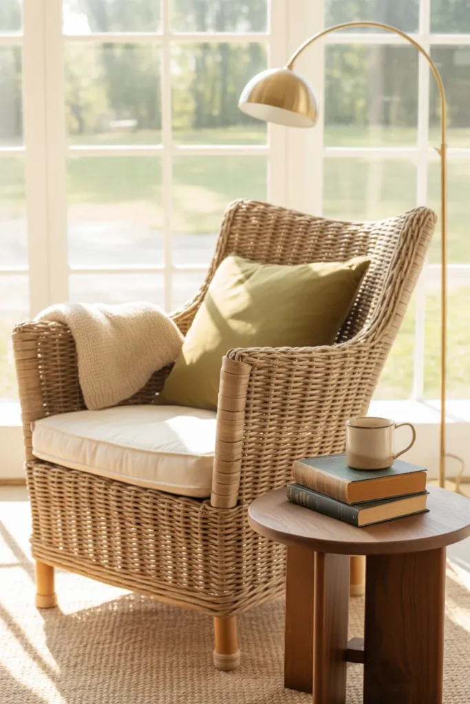 Small sunroom reading nook with rattan wicker chair, brass floor lamp, and stacked vintage books.