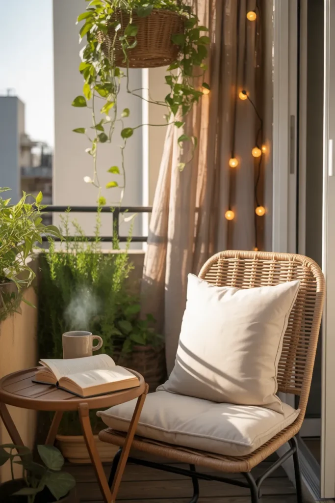 Small urban balcony reading nook with rattan chair, plants, and coffee — balcony reading nook idea.