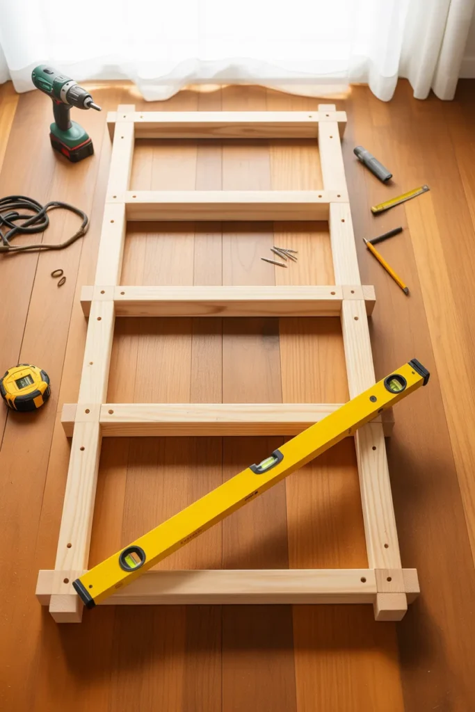 Step by step DIY window seat frame construction with 2x4 lumber and a level.