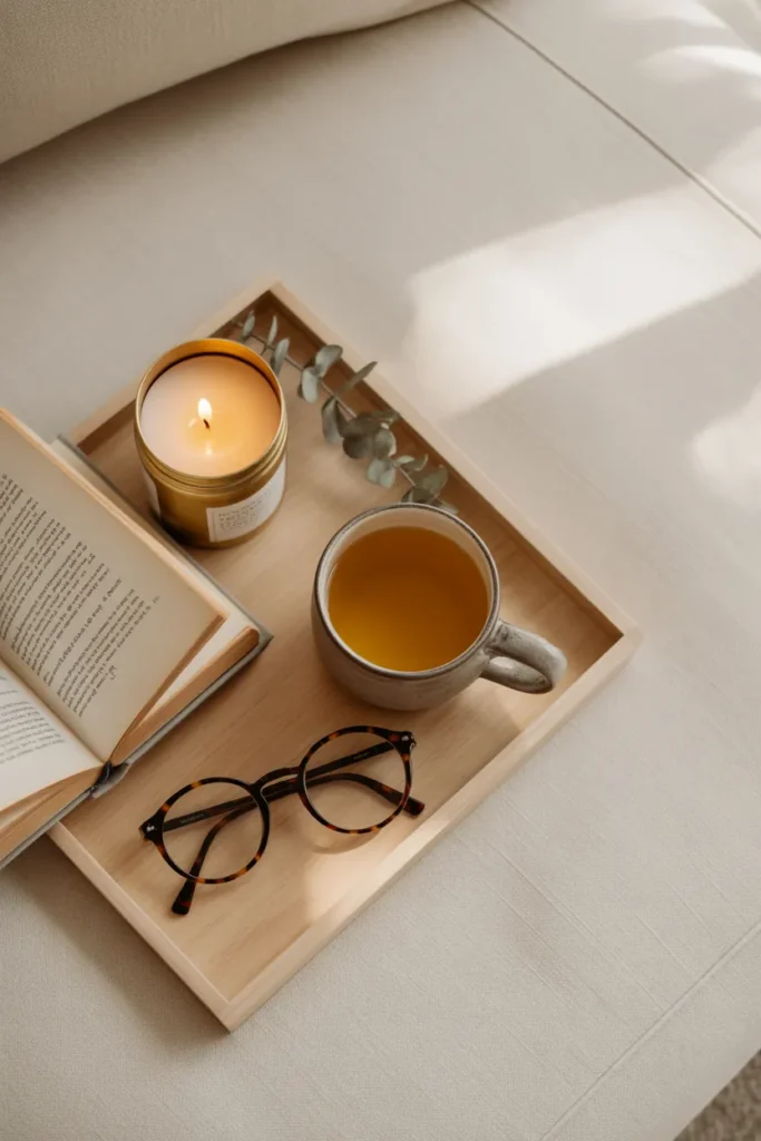 Styled reading nook tray with tea, book, candle, and glasses for a cozy reading corner on a budget.