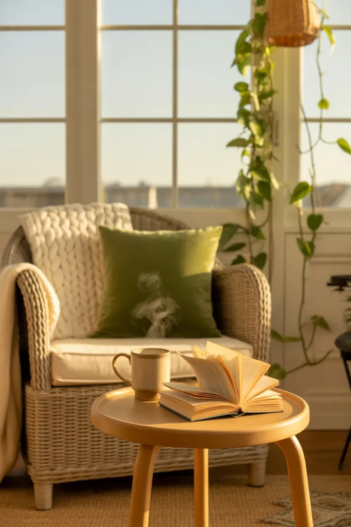 Sunroom reading nook with wicker chair, cream knit throw, and trailing pothos in golden afternoon light.