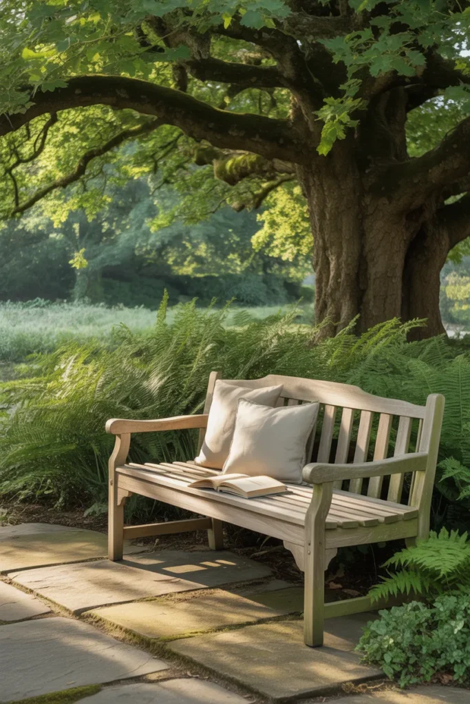 Teak garden bench under a shade tree with cushions and an open book — tree-shade reading nook idea.