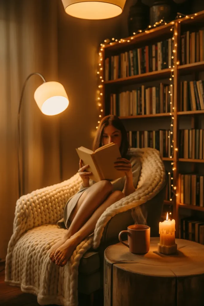 The perfect cozy reading nook lighting setup with layered warm glow from floor lamp, fairy lights, pendant, and candle at dusk.