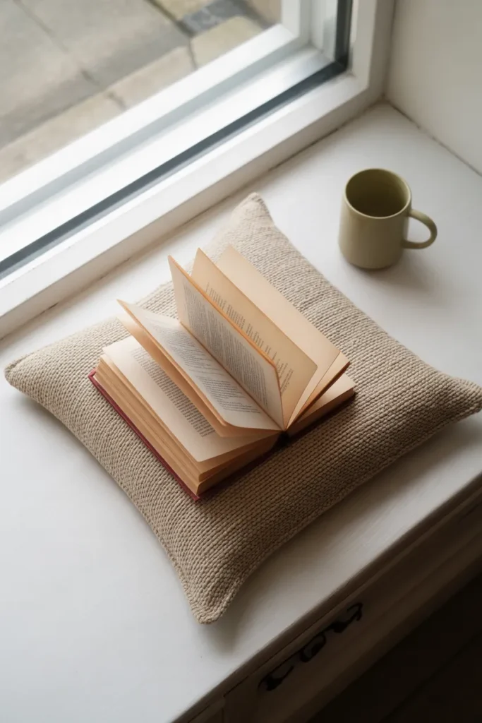 Thick linen window seat cushion perfect for long reading sessions in a cozy nook