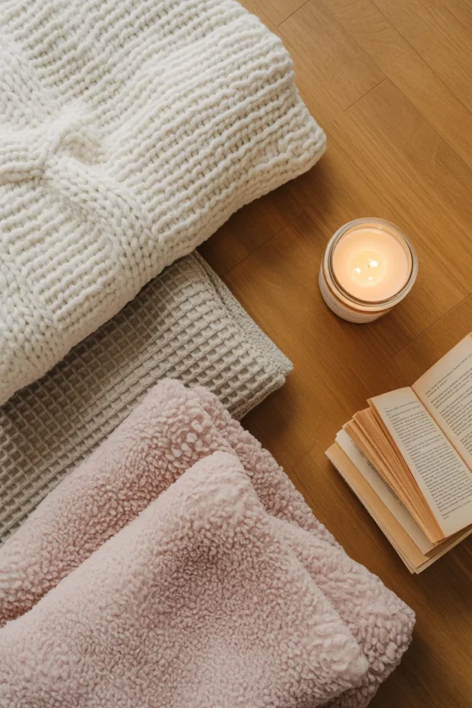 Three layered reading nook throw blankets in chunky knit, waffle weave and sherpa textures styled flat lay with book and candle.