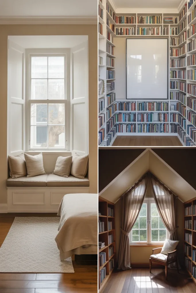 Three window types perfect for a window seat reading nook including bay, flat wall, and dormer.