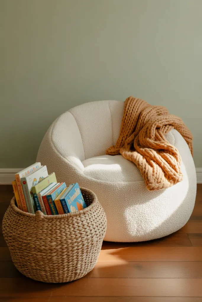 Toddler bean bag reading nook with seagrass basket of board books