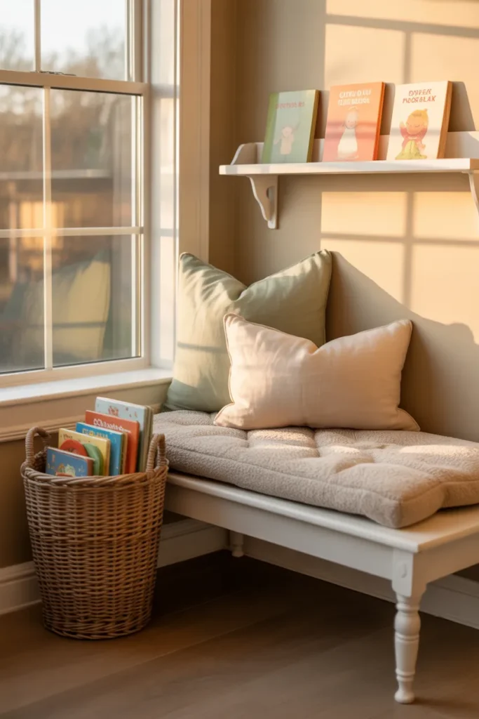 Toddler window seat reading nook with linen cushion and rattan book basket