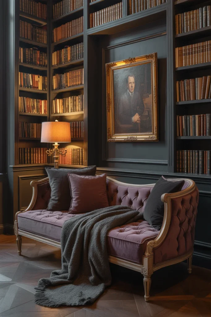 Tufted plum velvet daybed reading nook with dark cushions, wool throw, and built-in bookshelves behind