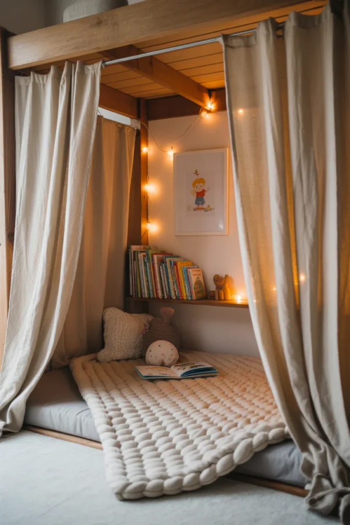 Under loft bed kids reading nook den with string lights and curtains — cozy reading hideaway ideas for children's bedrooms