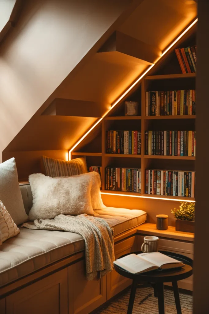 Under-stairs DIY reading nook with built-in bench seating and warm LED lighting