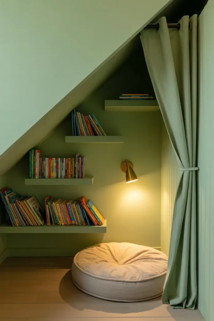 Under stairs kids reading nook with book storage shelves and reading cushion