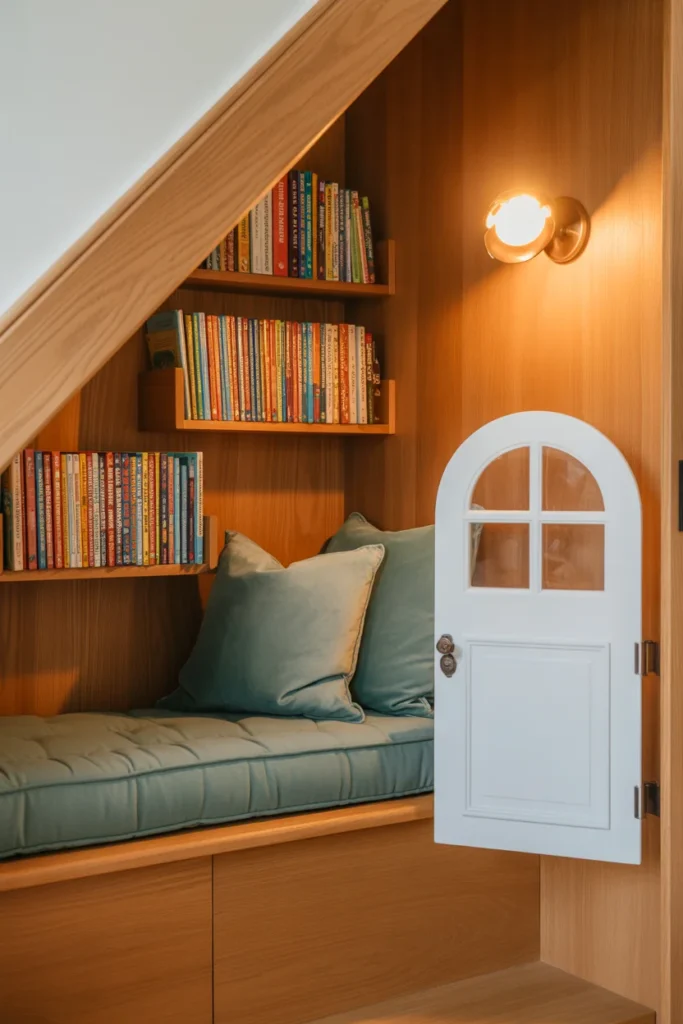 Under stairs kids reading nook with built-in bench and floating bookshelves — small space reading corner for children